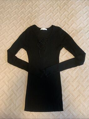 Long Sleeve Black Lace-Up Ribbed top blouse
